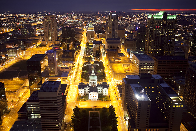 Aerial view of Downtown St. Louis at night
